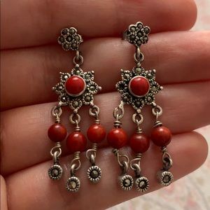 Real Victorian Coral Pyrite Sterling Earrings